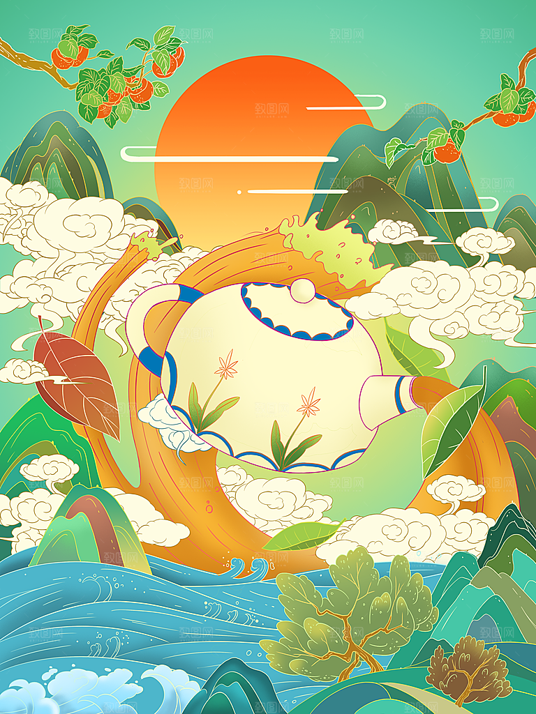 国潮风茶道茶叶文化插画海报
