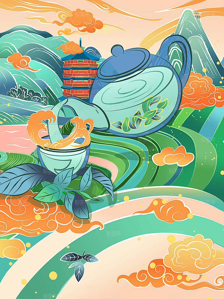 国潮风茶道茶叶文化插画海报