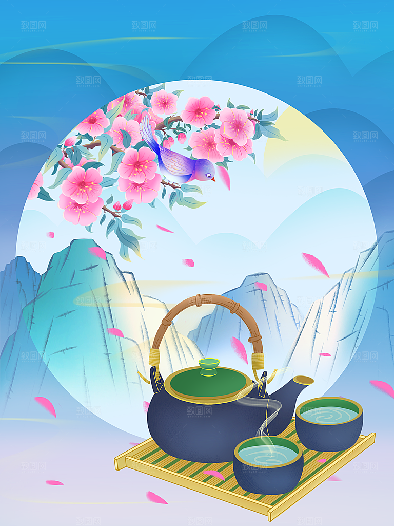 国潮风茶道茶叶文化插画海报