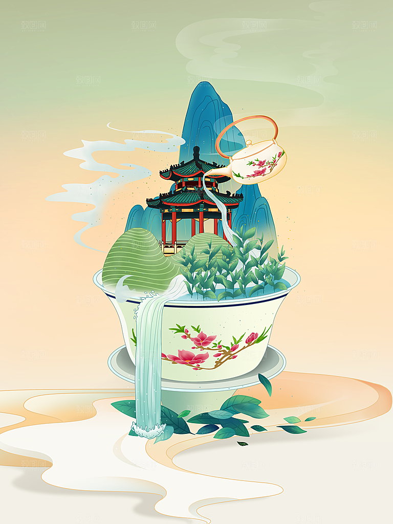 国潮风茶道茶叶文化插画海报