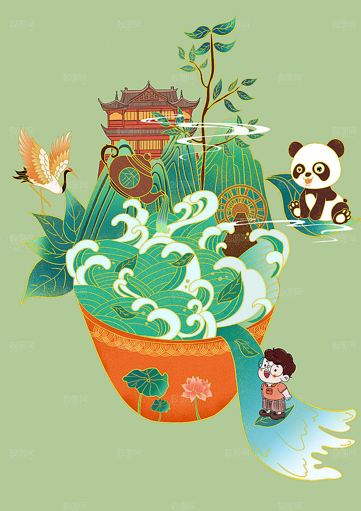 国潮风茶道茶叶文化插画海报