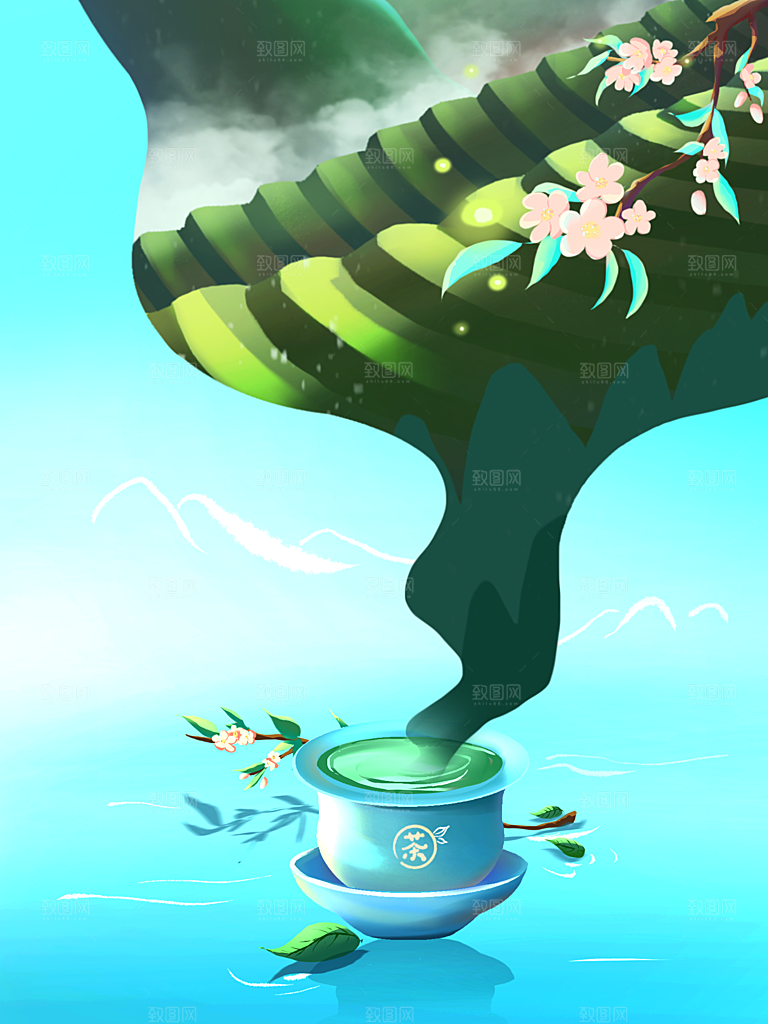国潮风茶道茶叶文化插画海报
