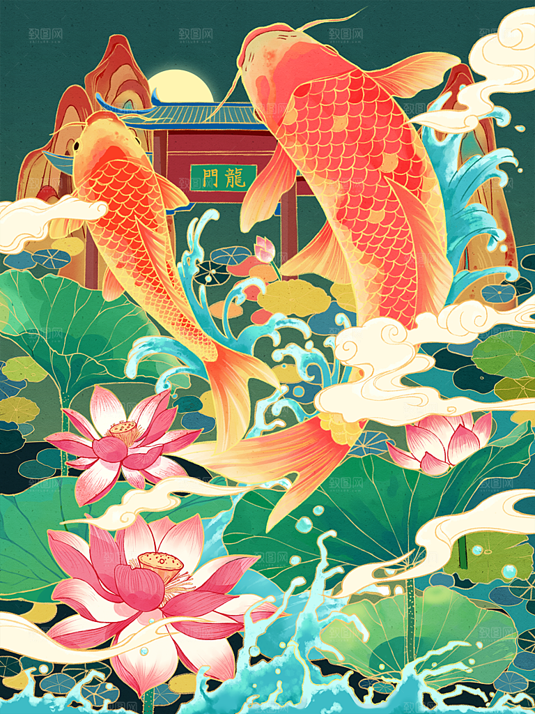 手绘国潮中国风锦鲤跃龙门插画海报