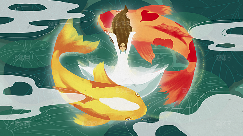 手绘国潮中国风锦鲤跃龙门插画海报