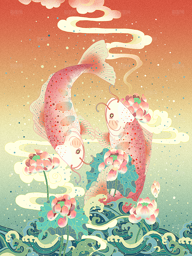 手绘国潮中国风锦鲤跃龙门插画海报