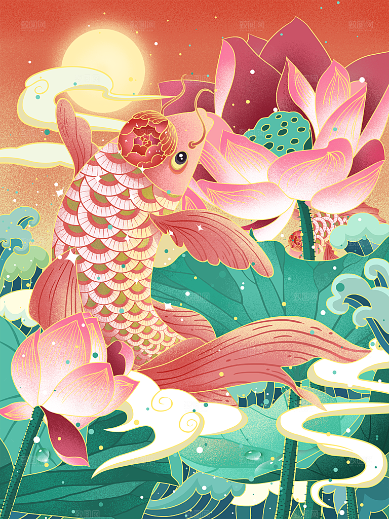 手绘国潮中国风锦鲤跃龙门插画海报