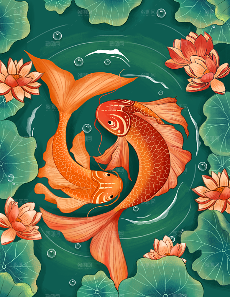 手绘国潮中国风锦鲤跃龙门插画海报
