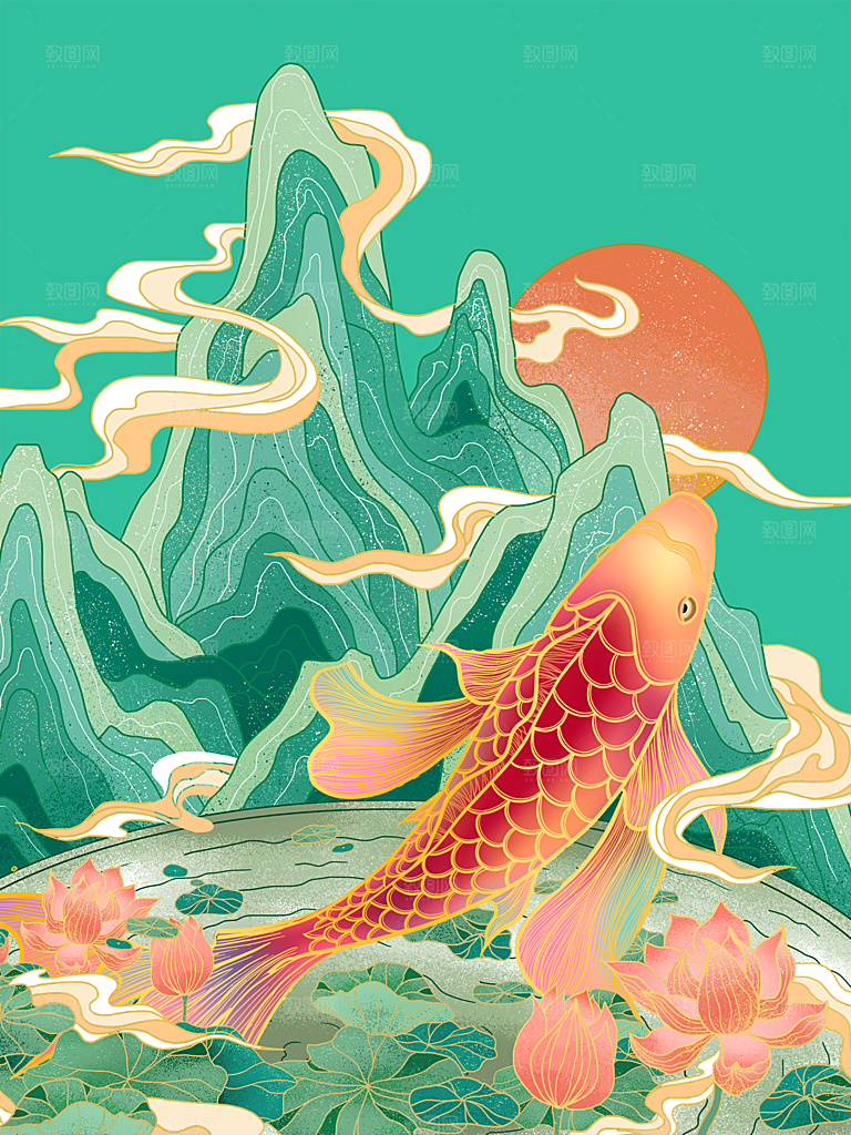 手绘国潮中国风锦鲤跃龙门插画海报