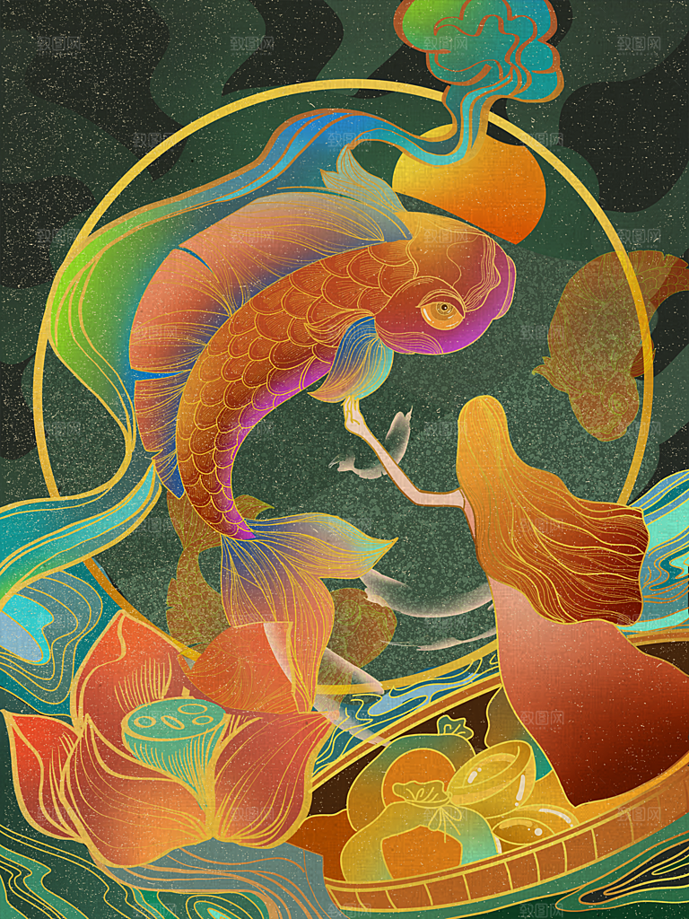 手绘国潮中国风锦鲤跃龙门插画海报