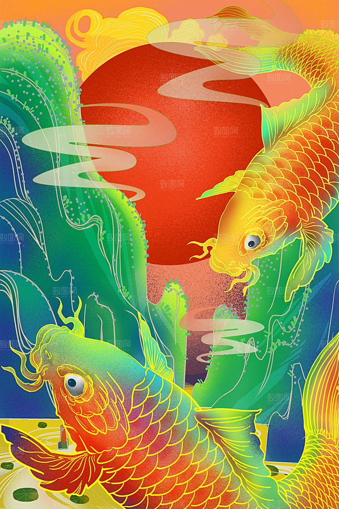 手绘国潮中国风锦鲤跃龙门插画海报