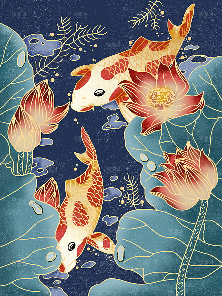 手绘国潮中国风锦鲤跃龙门插画海报