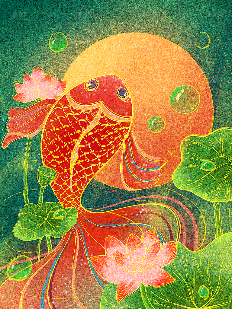手绘国潮中国风锦鲤跃龙门插画海报