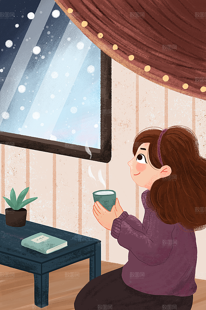 冬季风雪堆雪人可爱卡通风景插画