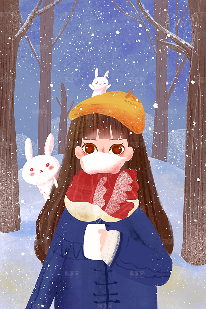 冬季风雪堆雪人可爱卡通风景插画