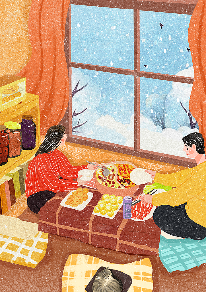 冬季风雪堆雪人可爱卡通风景插画