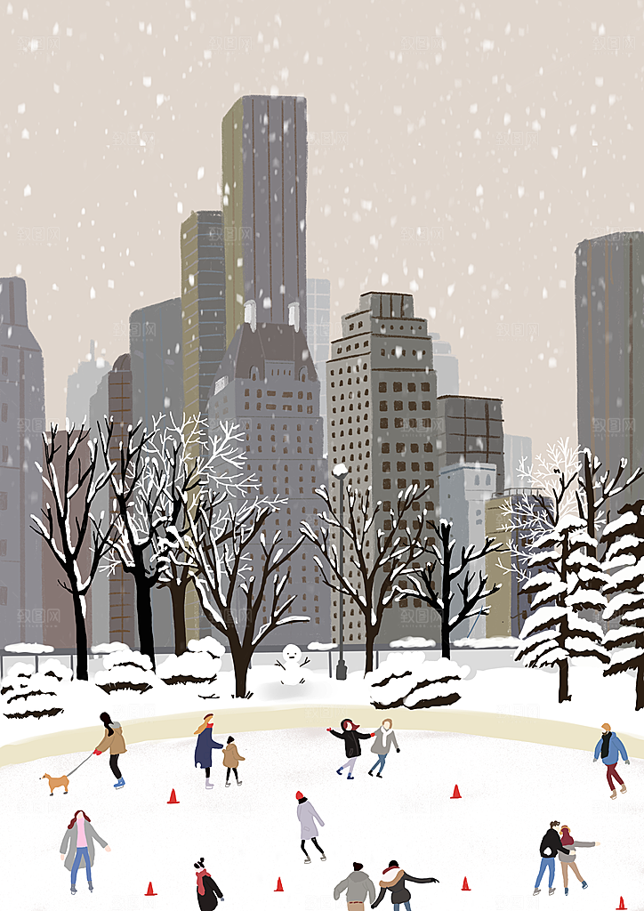 冬季风雪堆雪人可爱卡通风景插画