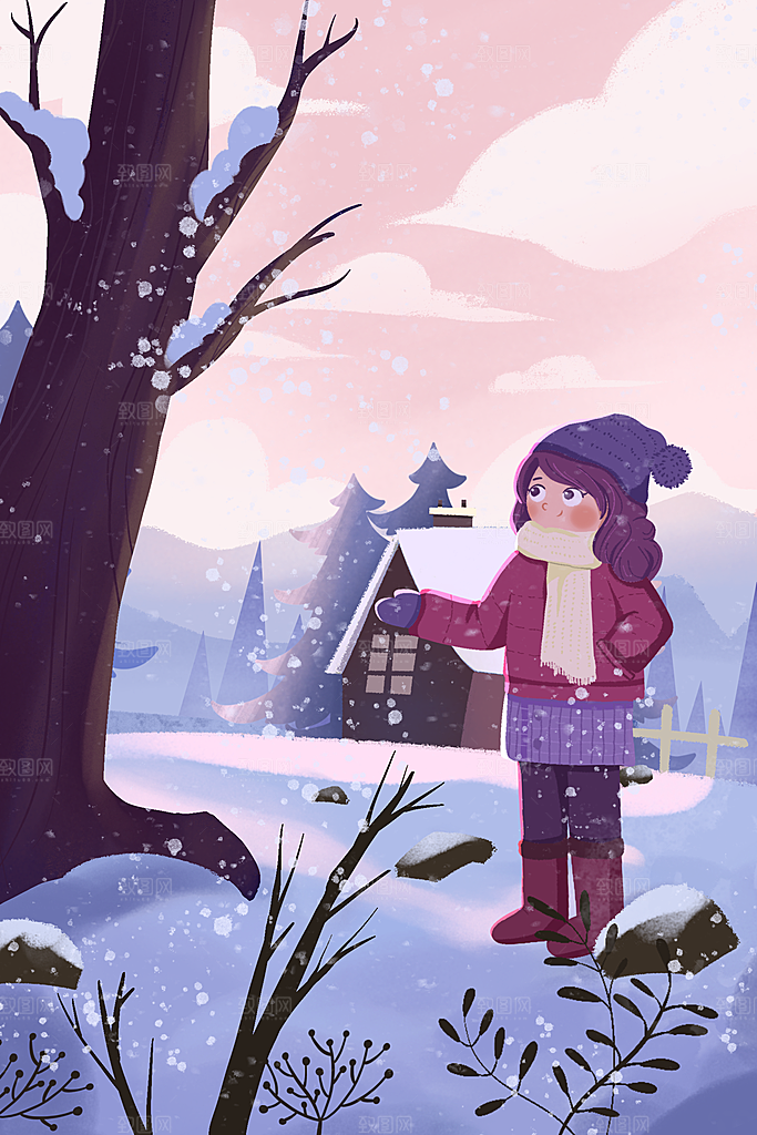 冬季风雪堆雪人可爱卡通风景插画