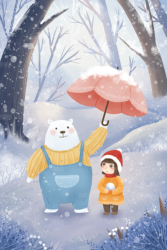 冬季风雪堆雪人可爱卡通风景插画