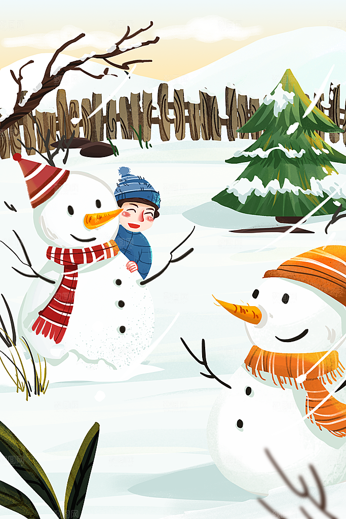 冬季风雪堆雪人可爱卡通风景插画