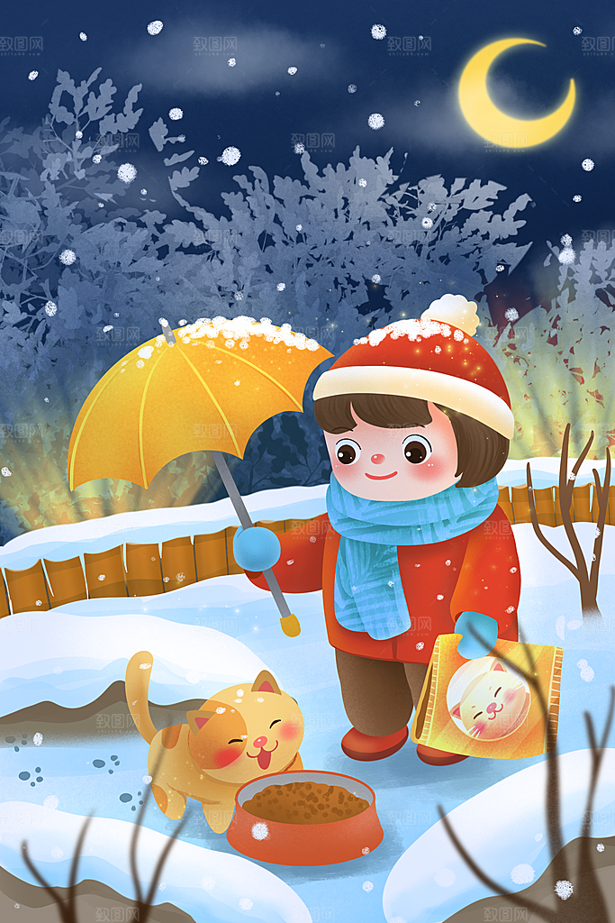 冬季风雪堆雪人可爱卡通风景插画