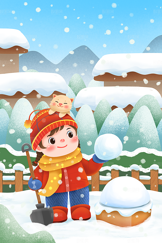 冬季风雪堆雪人可爱卡通风景插画