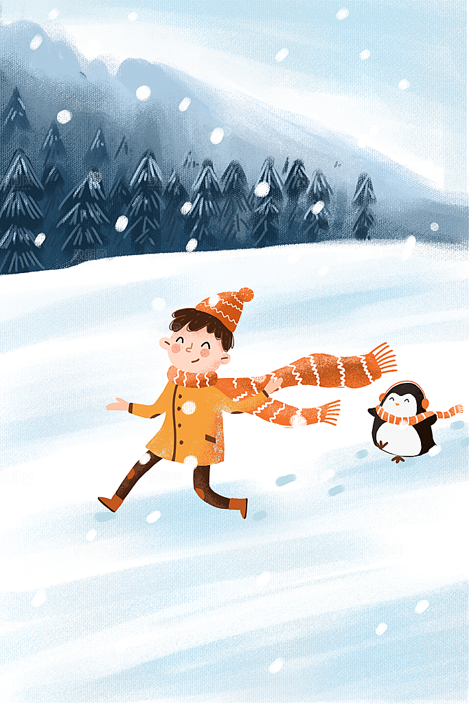 冬季风雪堆雪人可爱卡通风景插画