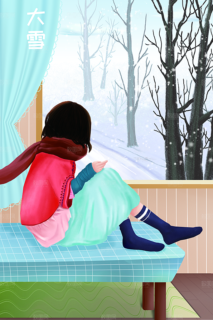 冬季风雪堆雪人可爱卡通风景插画