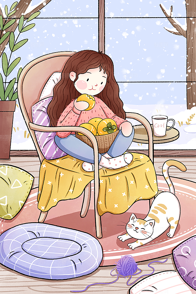 冬季风雪堆雪人可爱卡通风景插画