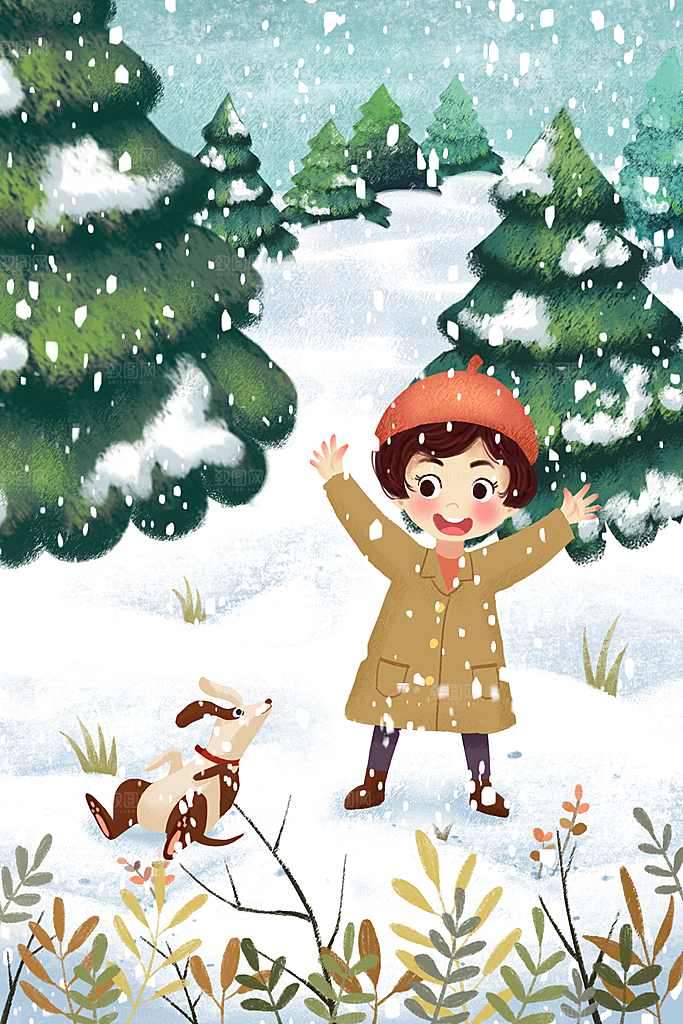 冬季风雪堆雪人可爱卡通风景插画