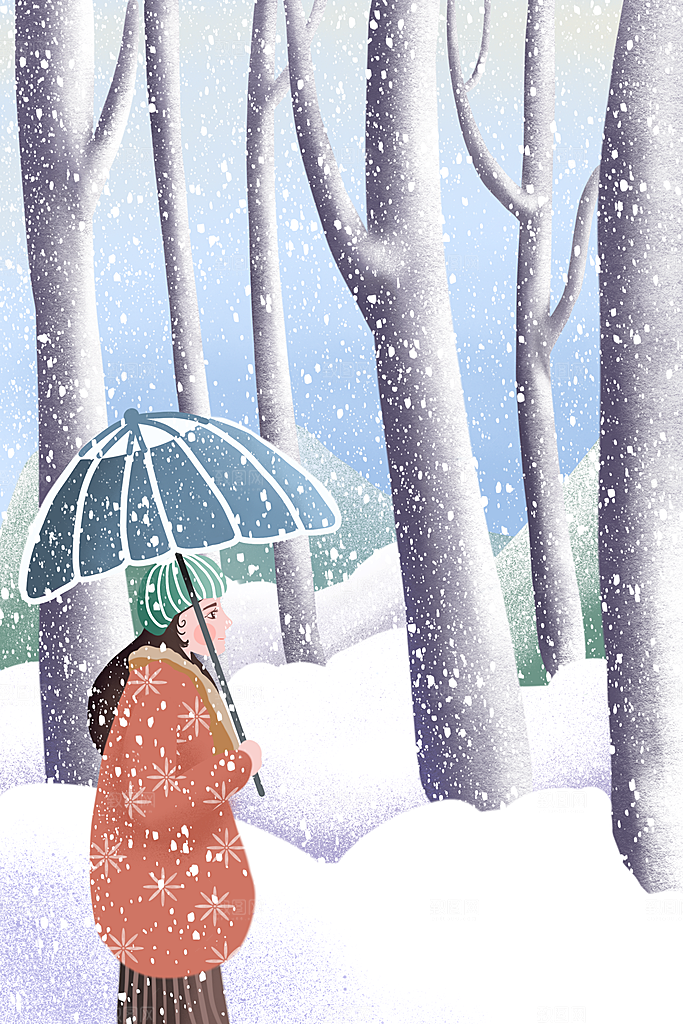 冬季风雪堆雪人可爱卡通风景插画