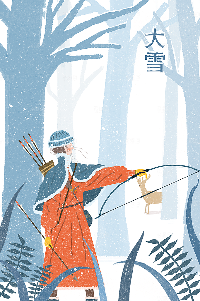 冬季风雪堆雪人可爱卡通风景插画