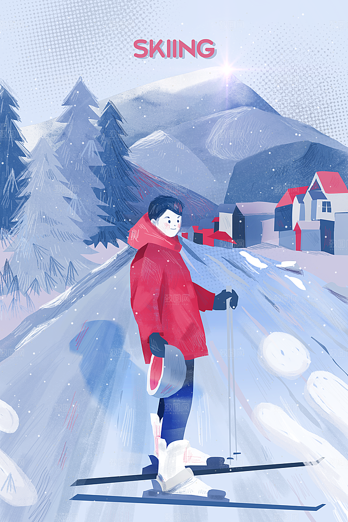 冬季风雪堆雪人可爱卡通风景插画