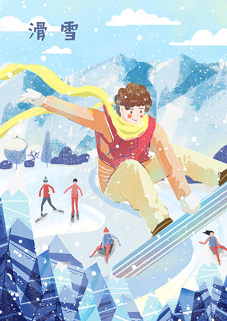 冬季风雪堆雪人可爱卡通风景插画