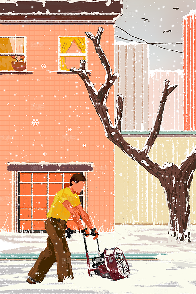 冬季风雪堆雪人可爱卡通风景插画