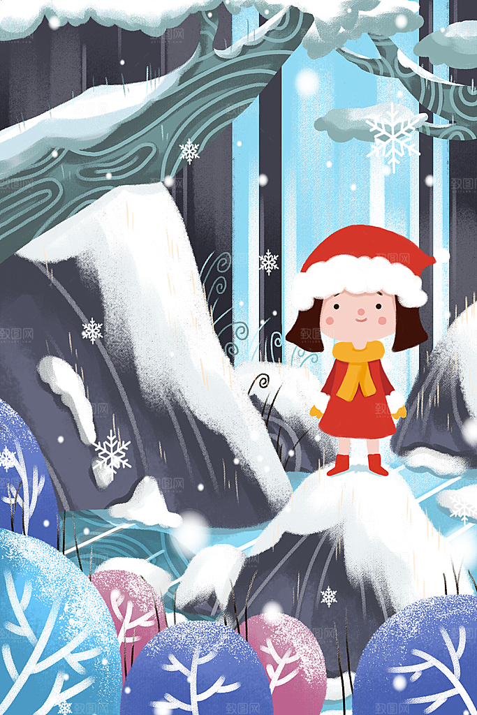 冬季风雪堆雪人可爱卡通风景插画