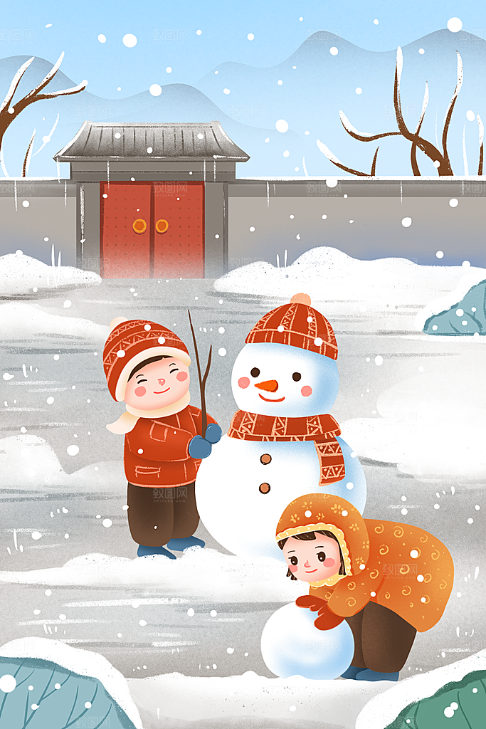 冬季风雪堆雪人可爱卡通风景插画