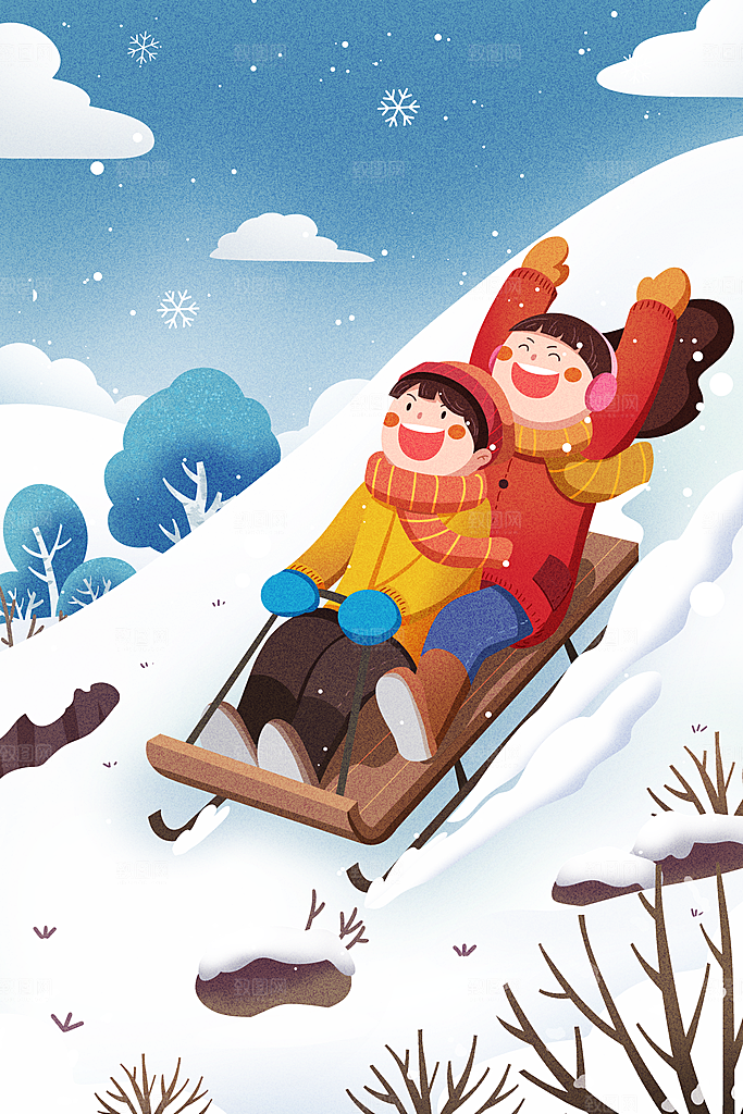 冬季风雪堆雪人可爱卡通风景插画