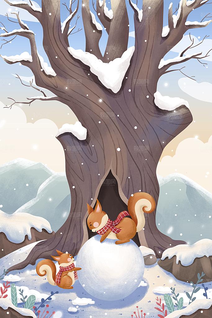 冬季风雪堆雪人可爱卡通风景插画