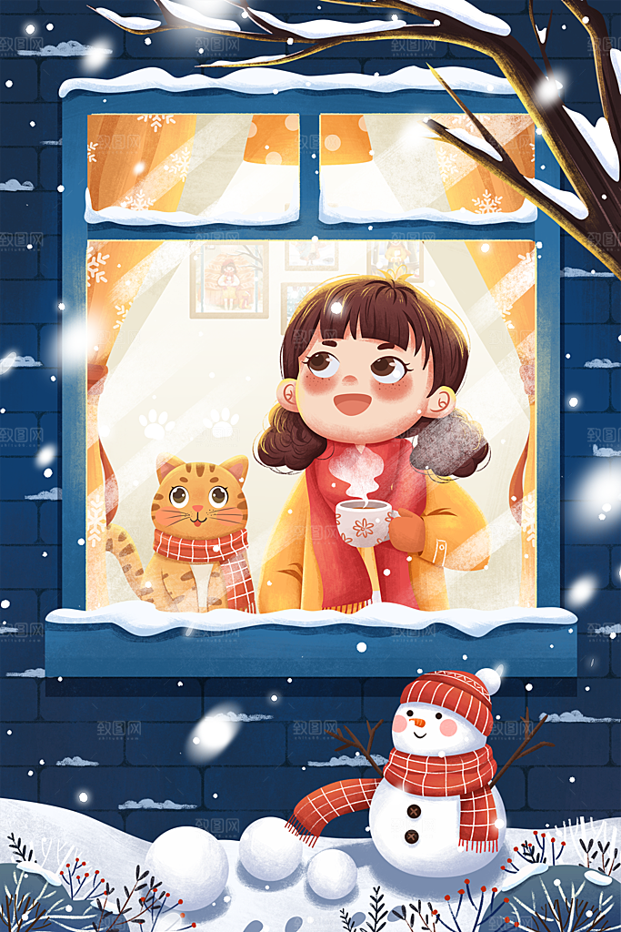 冬季风雪堆雪人可爱卡通风景插画