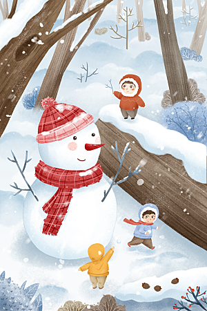 冬季风雪堆雪人可爱卡通风景插画