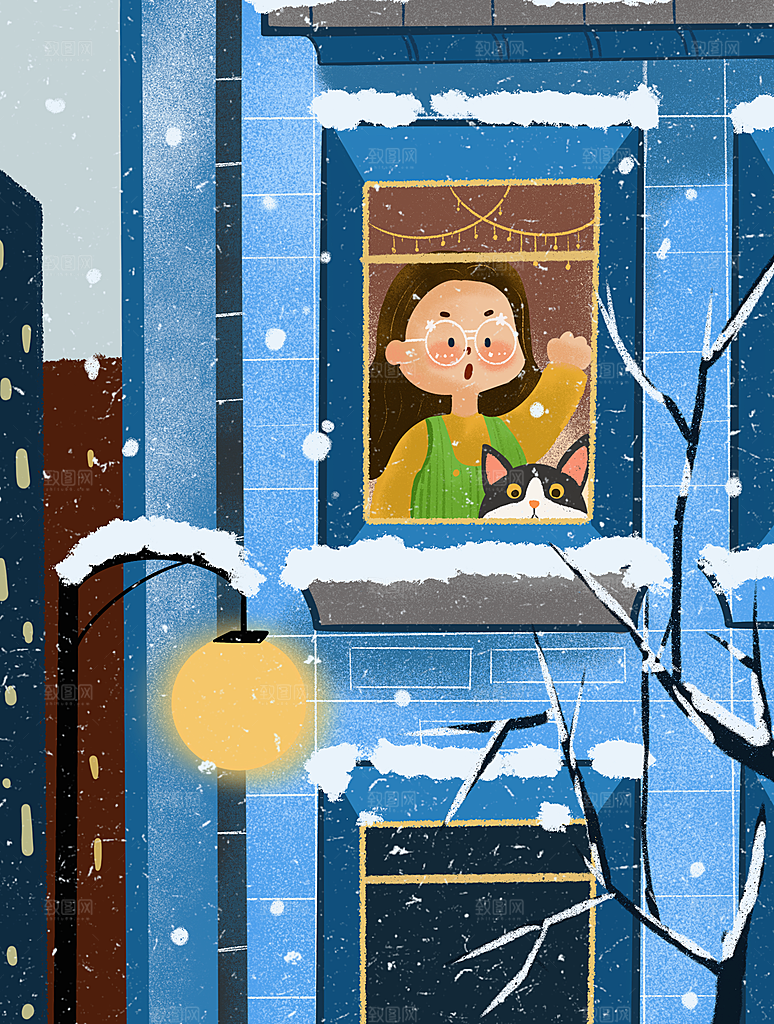 冬季风雪堆雪人可爱卡通风景插画
