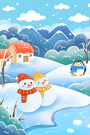 冬季风雪堆雪人可爱卡通风景插画