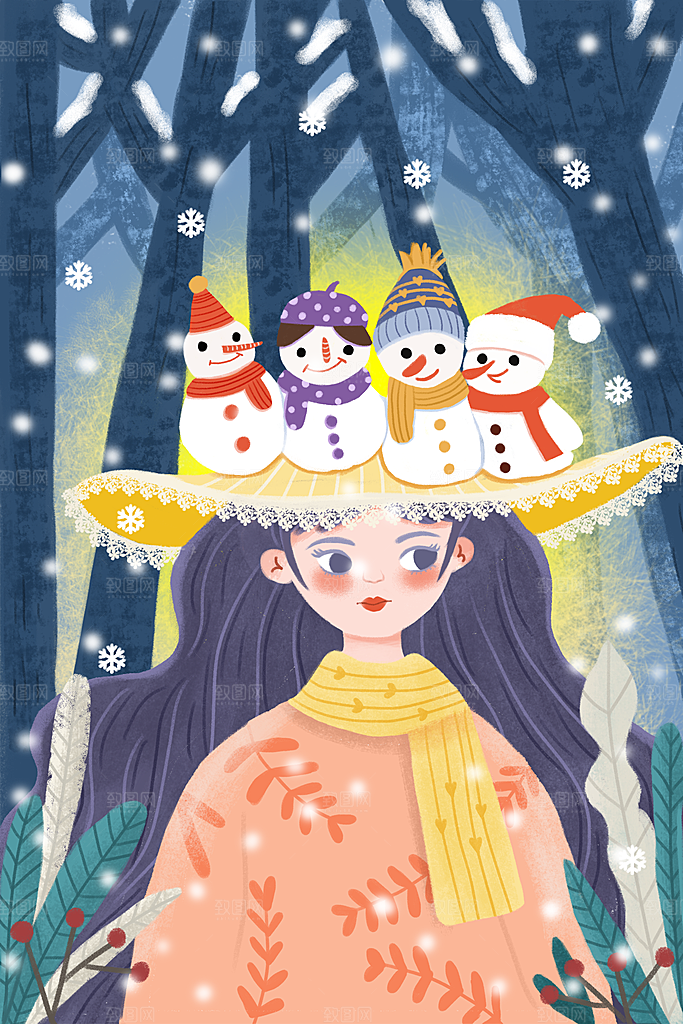 冬季风雪堆雪人可爱卡通风景插画