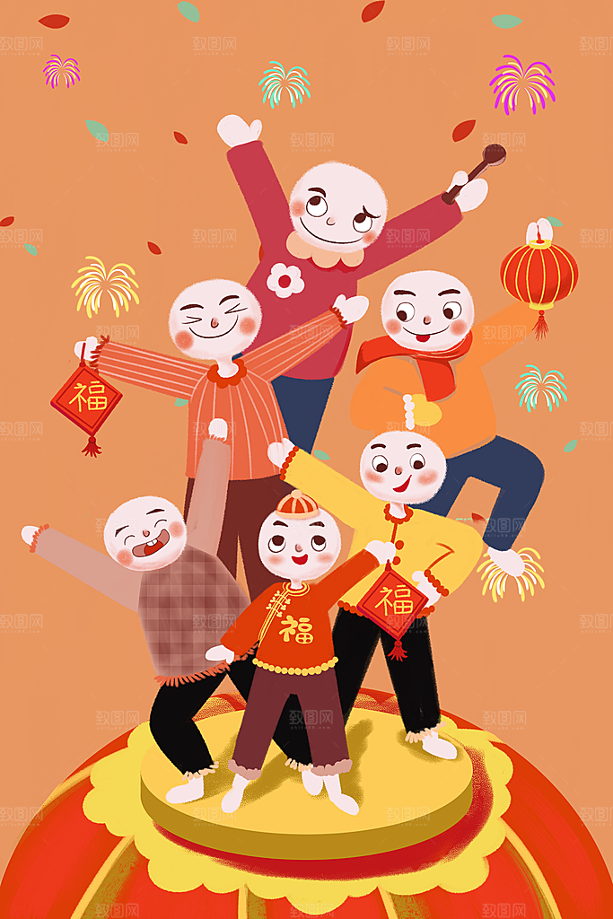 春节正月十五元宵节卡通手绘插画海报