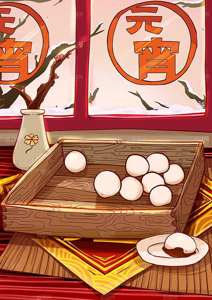 春节正月十五元宵节卡通手绘插画海报