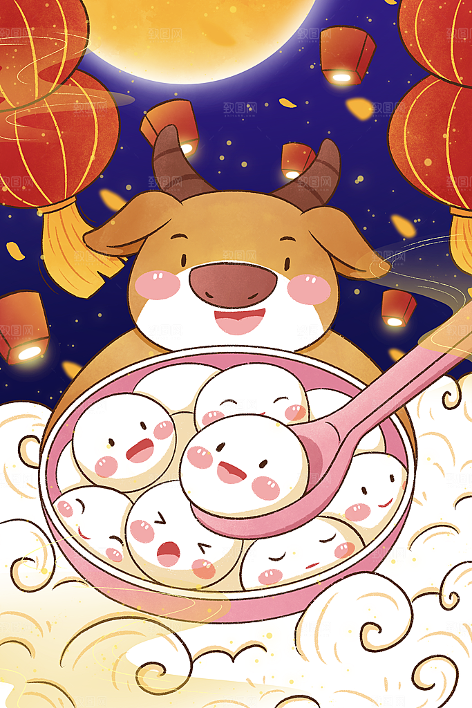春节正月十五元宵节卡通手绘插画海报