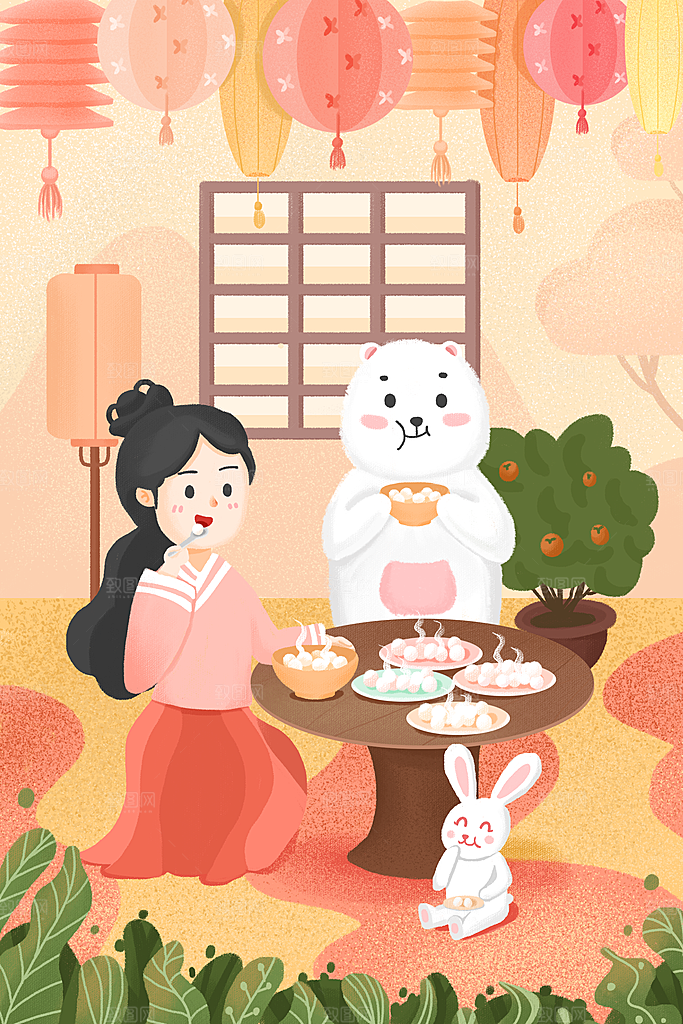 春节正月十五元宵节卡通手绘插画海报