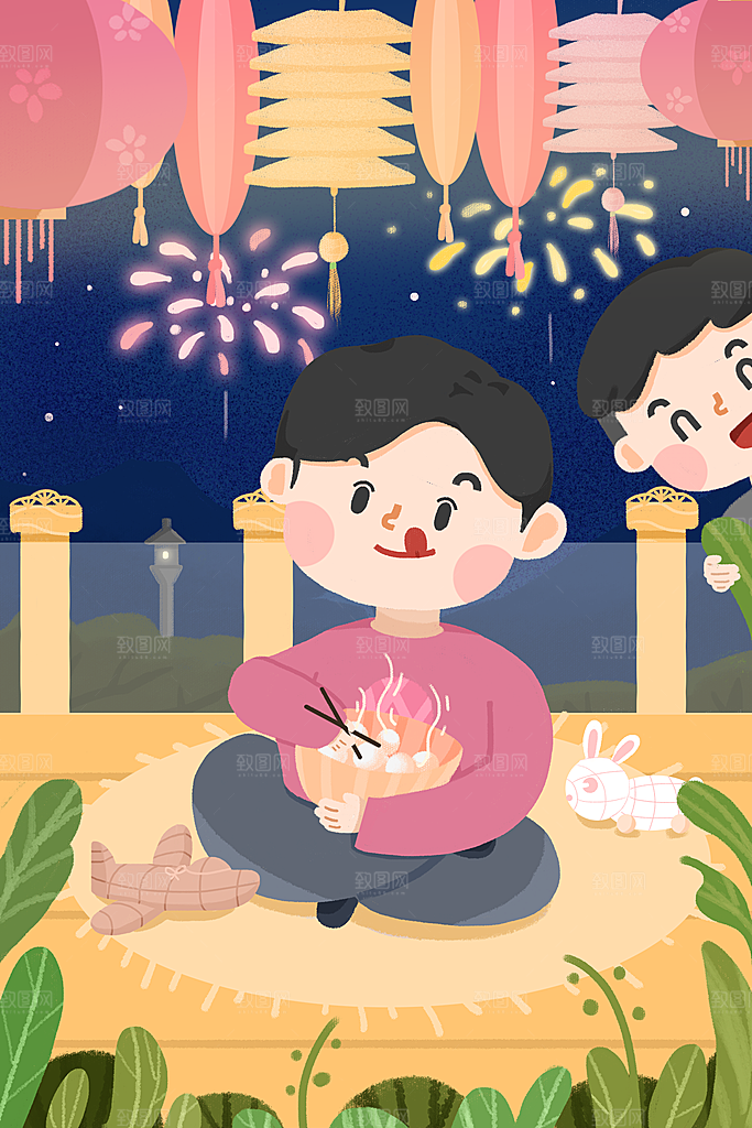 春节正月十五元宵节卡通手绘插画海报
