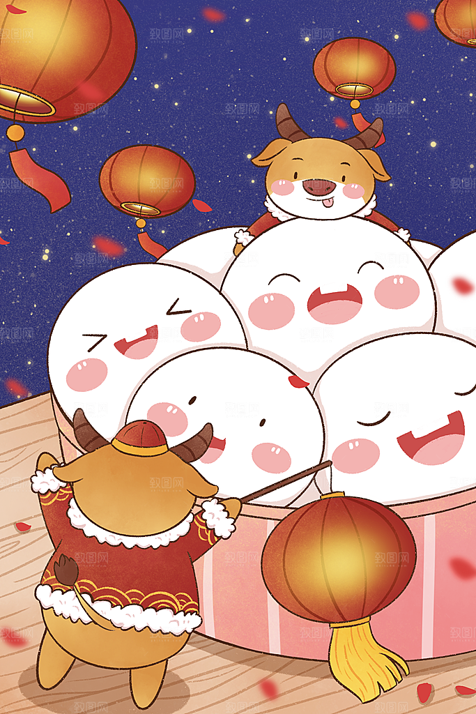 春节正月十五元宵节卡通手绘插画海报