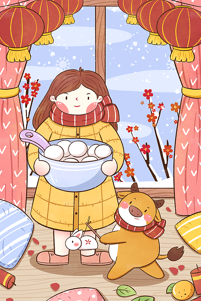 春节正月十五元宵节卡通手绘插画海报